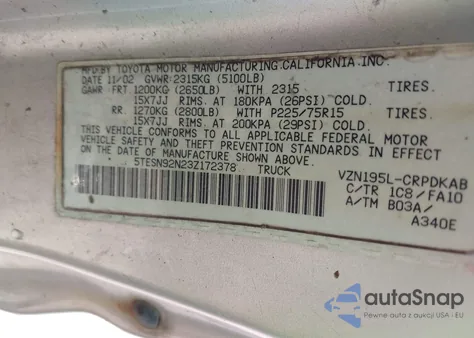 2003 Toyota Tacoma Prerunner V6 из США, поврежденный, VIN 5TESN92N23Z172378